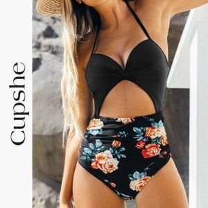 NWT - Cupshe Black Floral Print Halter One Piece Swimsuit - XS